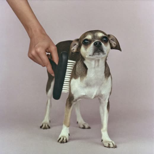 Small dog being brushed out by hand