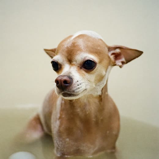 Small dog being bathed in a grooming tub